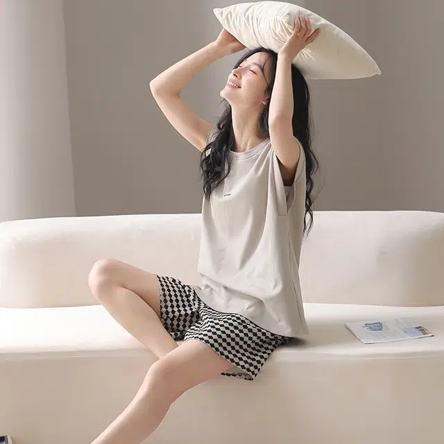 芬腾可安 情侣款亲肤韩版大学生轻盈休闲百搭显瘦舒适轻便时尚带胸垫外出宿舍都可穿的家居服睡衣套装 男女同款