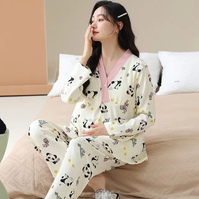 芬腾可安 外出可穿柔软舒适春秋自带杯垫哺乳期可穿月子家居服睡衣套装 女款