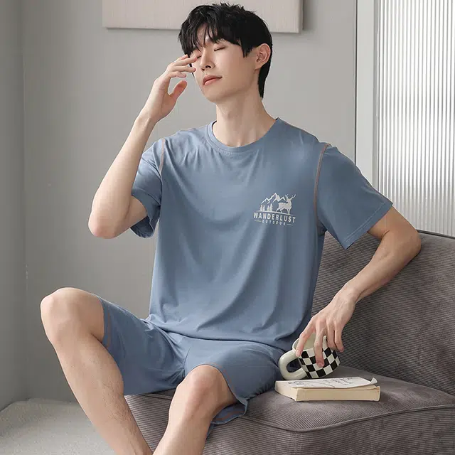 芬腾可安 可外穿的家居服大学生轻盈休闲细腻遮肉个性舒适圆领宽松显瘦青春短袖五分裤春夏季睡衣套装 男款