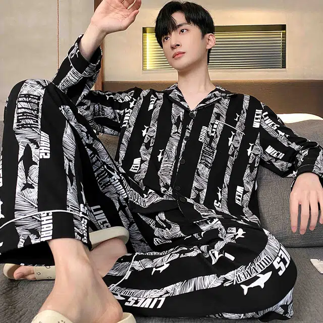 芬腾可安 春秋季简约休闲亲肤翻领开衫轻熟风家居服睡衣套装 男款
