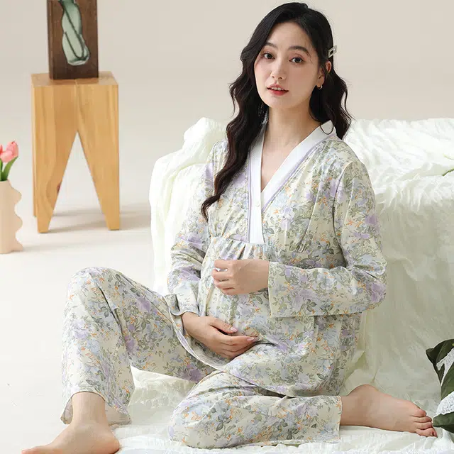 芬腾可安 外出可穿柔软舒适自带杯垫春秋哺乳期可穿月子家居服睡衣套装 女款
