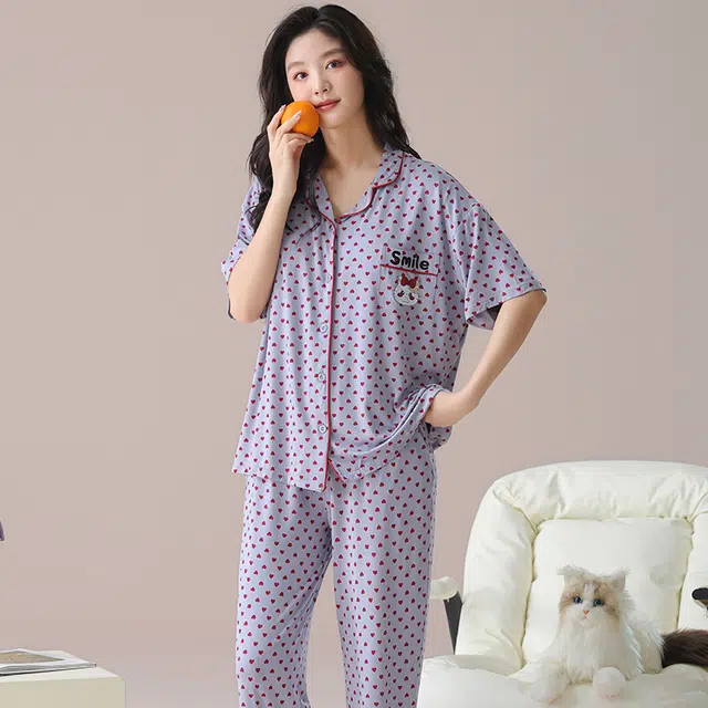 芬腾可安 气质家居服带胸垫一体式短袖长裤甜美大学生宿舍外出都可穿细腻舒适柔软亲肤睡衣套装 女款