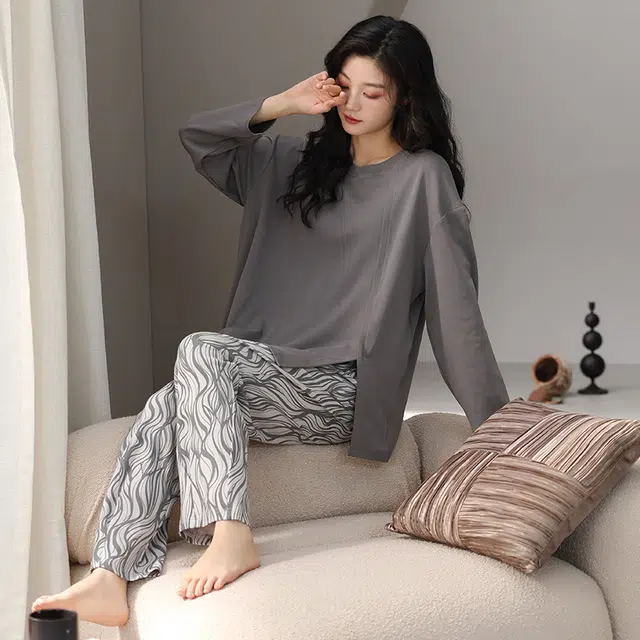 芬腾可安 秋冬季纯棉一体式柔软少女简约无感杯垫经典家居服睡衣套装 女款