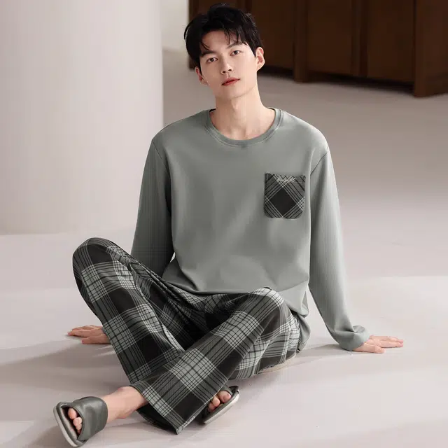 芬腾可安 外出可穿纯棉气质春秋季亲肤轻盈舒适简约少年感家居服睡衣套装 男款