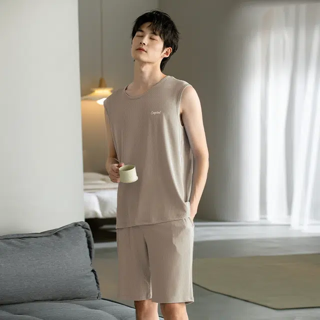芬腾可安 春夏季休闲简约宽松无袖可外穿家居服睡衣套装 男款