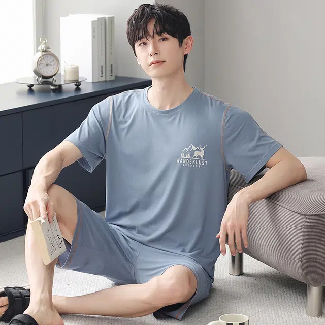 芬腾可安 可外穿的家居服大学生轻盈休闲细腻遮肉个性舒适圆领宽松显瘦青春短袖五分裤春夏季睡衣套装 男款