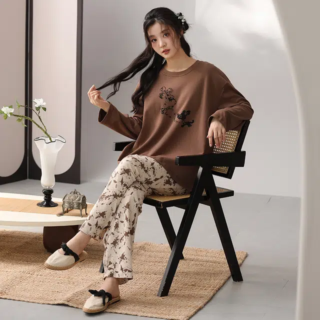 芬腾可安 秋冬季简约柔软少女无感杯垫纯棉一体式家居服睡衣套装 女款