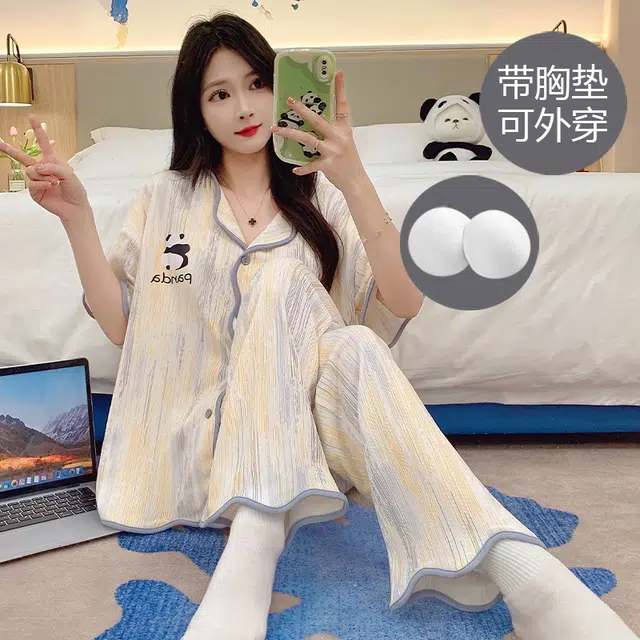 芬腾可安 春夏秋季带胸垫透气亲肤舒适休闲家居服睡衣套装 女款
