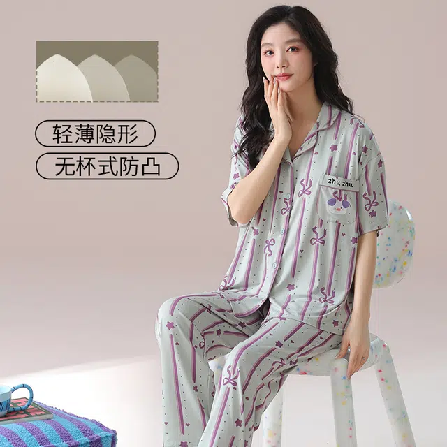 芬腾可安 气质家居服带胸垫一体式短袖长裤甜美大学生外出宿舍都可穿细腻舒适柔软亲肤睡衣套装 女款