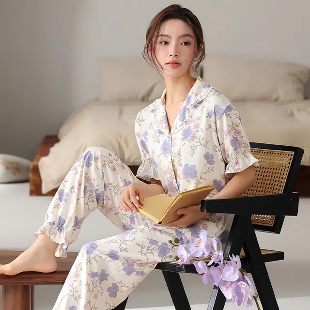 芬腾可安 休闲简约高级感个性翻领开衫舒适柔软细腻短袖长裤家居服可外穿女士睡衣套装 女款