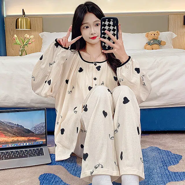 芬腾可安 可外穿的春秋杯垫一体休闲亲肤舒适少女简约家居服睡衣套装 女款