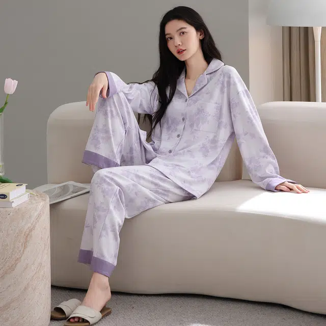 芬腾可安 纯棉简约显瘦春秋时尚亲肤翻领休闲宽松开衫少女舒适家居服睡衣套装 女款