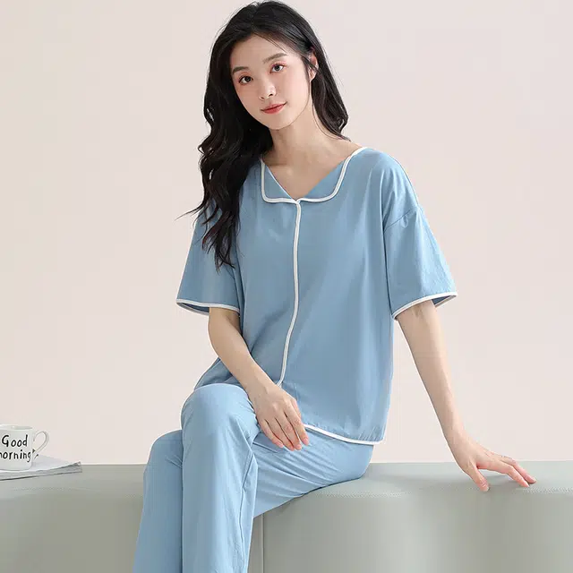 芬腾可安 细腻舒适柔软气质家居服带胸垫一体式短袖长裤甜美大学生亲肤宿舍外出都可穿睡衣套装 女款