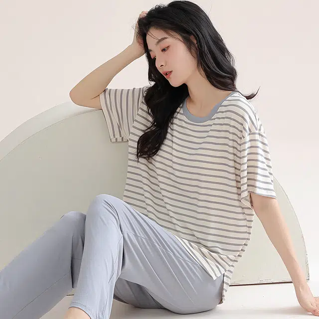 芬腾可安 甜美气质家居服带胸垫休闲一体式短袖长裤舒适细腻亲肤柔软大学生宿舍外出都可穿睡衣套装 女款
