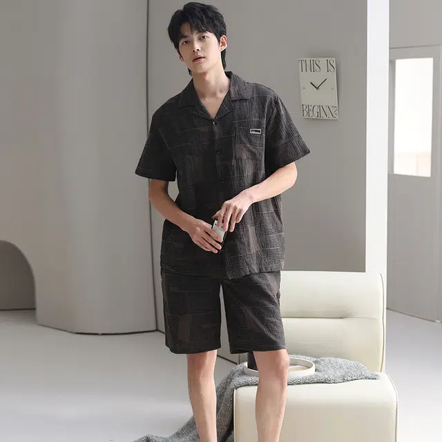 芬腾可安 亲肤韩版休闲轻盈百搭时尚舒适翻领带胸垫外出宿舍都可穿的家居服睡衣套装 男女同款