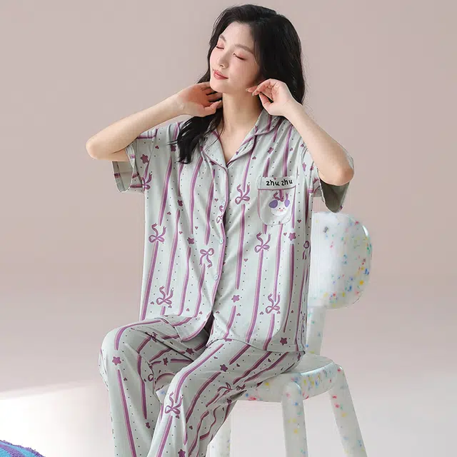 芬腾可安 气质家居服带胸垫一体式短袖长裤甜美大学生外出宿舍都可穿细腻舒适柔软亲肤睡衣套装 女款