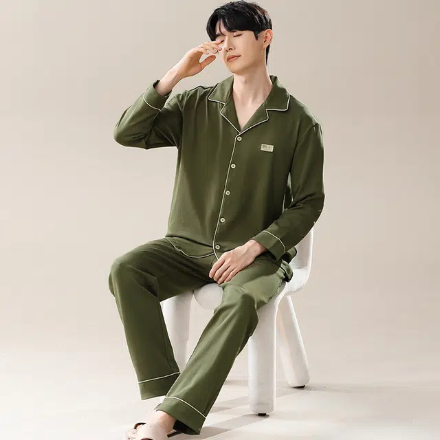 芬腾可安 家居服春夏秋季休闲纯棉简约翻领轻盈情侣款睡衣套装 男款