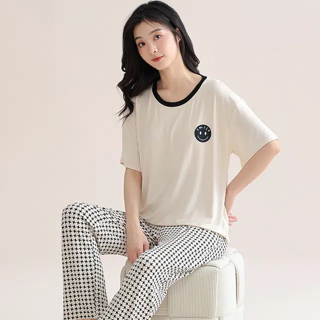芬腾可安 气质家居服带固定胸垫休闲一体式短袖长裤舒适甜美细腻亲肤柔软大学生宿舍外出都可穿睡衣套装 女款