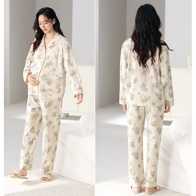 芬腾可安 外出可穿纯棉春秋季简约宽松休闲少女感温柔开衫松紧裤腰月子家居服睡衣套装 女款