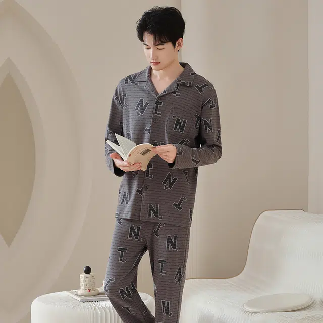 芬腾可安 外出可穿经典休闲舒适气质透气春秋纯棉时尚家居服睡衣套装 男款