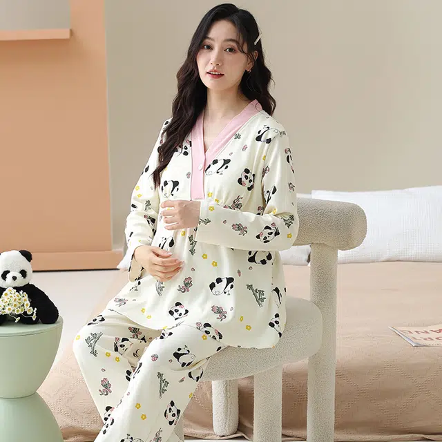 芬腾可安 外出可穿柔软舒适春秋自带杯垫哺乳期可穿月子家居服睡衣套装 女款