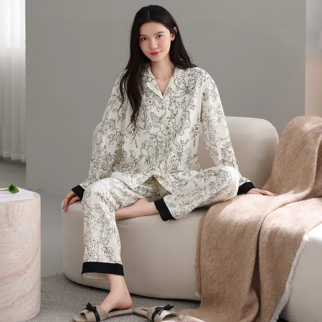 芬腾可安 纯棉简约显瘦春秋时尚亲肤翻领舒适开衫少女休闲宽松家居服睡衣套装 女款
