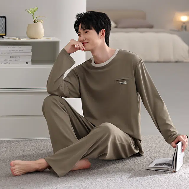 芬腾可安 秋冬外出可穿的纯棉经典长袖加大码数家居服睡衣套装 男款