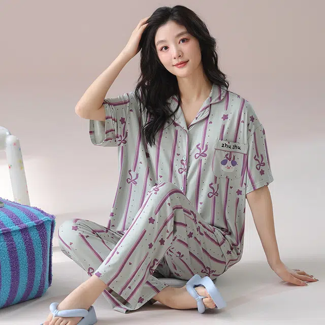 芬腾可安 气质家居服带胸垫一体式短袖长裤甜美大学生外出宿舍都可穿细腻舒适柔软亲肤睡衣套装 女款