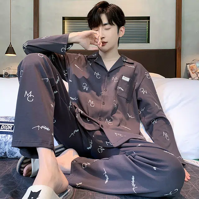 芬腾可安 春秋季简约休闲亲肤开衫翻领个性轻熟风家居服睡衣套装 男款