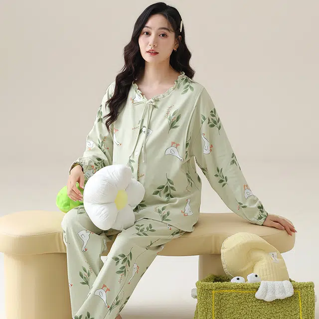 芬腾可安 外出可穿柔软舒适春秋松紧裤腰哺乳期可穿月子家居服睡衣套装 女款