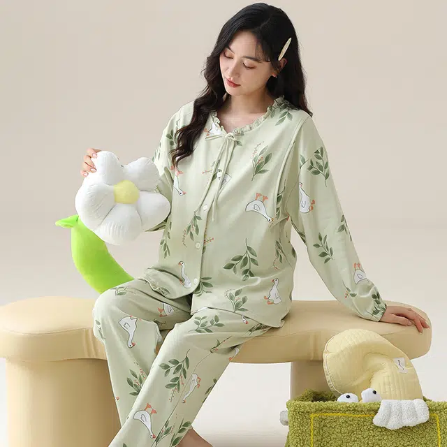 芬腾可安 外出可穿柔软舒适春秋松紧裤腰哺乳期可穿月子家居服睡衣套装 女款