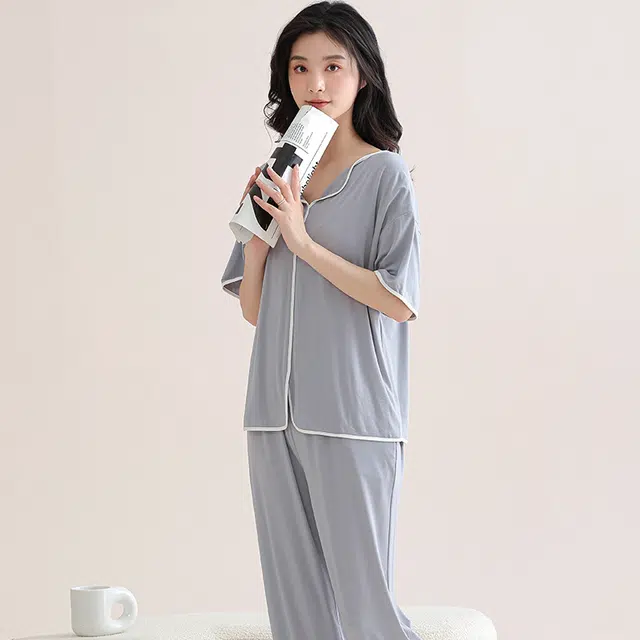 芬腾可安 舒适柔软气质家居服带胸垫休闲一体式短袖长裤甜美细腻大学生亲肤宿舍外出都可穿睡衣套装 女款