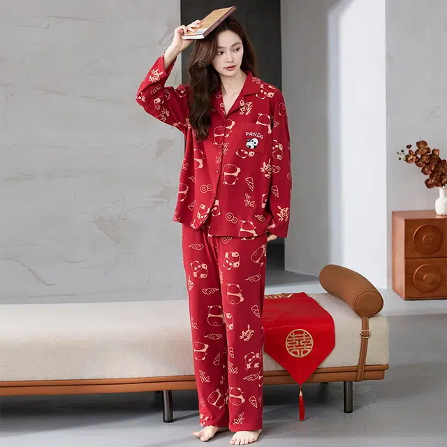 芬腾可安 喜庆秋冬季情侣款保暖柔软亲肤显瘦舒适家居服睡衣套装 女款