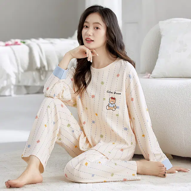 芬腾可安 春秋季简约纯棉设计感少女感显瘦遮肉家居服睡衣套装 女款