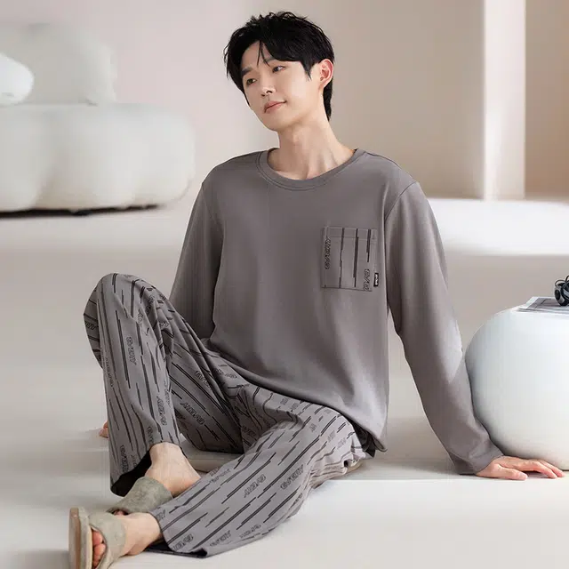 芬腾可安 外出可穿纯棉春秋经典舒适透气宽松柔软亲肤家居服睡衣套装 男款