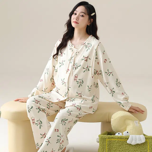 芬腾可安 外出可穿柔软舒适春秋休闲哺乳期可穿的月子家居服睡衣套装 女款
