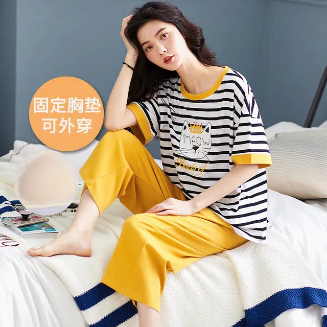 芬腾可安 外出可穿的家居服休闲宽松舒适透气微弹显瘦时尚带胸垫一体式韩版短袖七分裤睡衣套装 女款