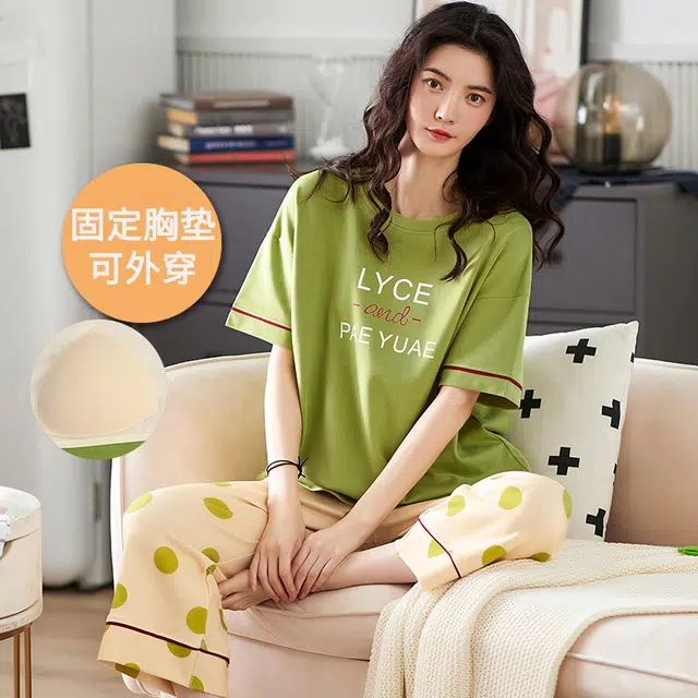 芬腾可安 外出可穿的家居服休闲宽松舒适透气微弹浅色系显瘦时尚韩版带胸垫一体式短袖七分裤两件装睡衣套装 女款