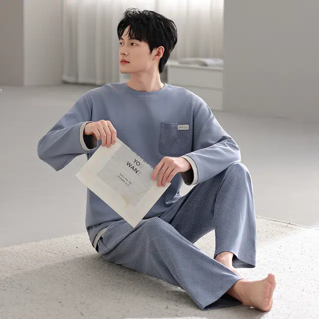芬腾可安 秋冬外出可穿的休闲经典纯棉长袖简约加大码数家居服睡衣套装 男款