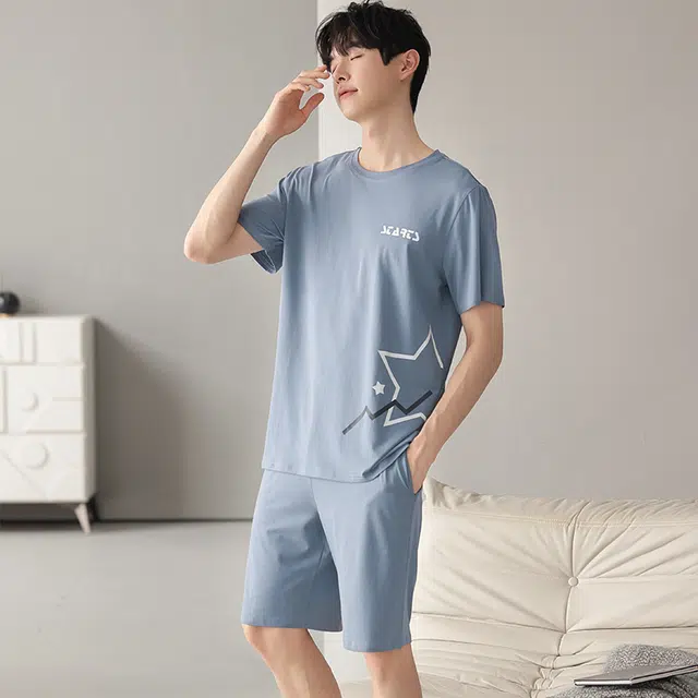 芬腾可安 可外穿的家居服大学生轻盈休闲细腻遮肉个性舒适显瘦圆领宽松青春短袖五分裤春夏季睡衣套装 男款