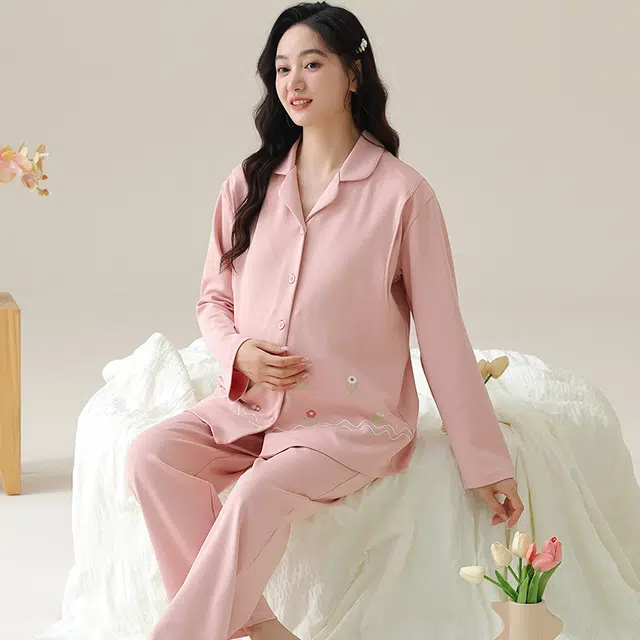 芬腾可安 纯棉外出可穿带胸垫孕期哺乳期都可穿的月子家居服优雅宽松显瘦可调节腰带长袖长裤春秋季睡衣套装 女款