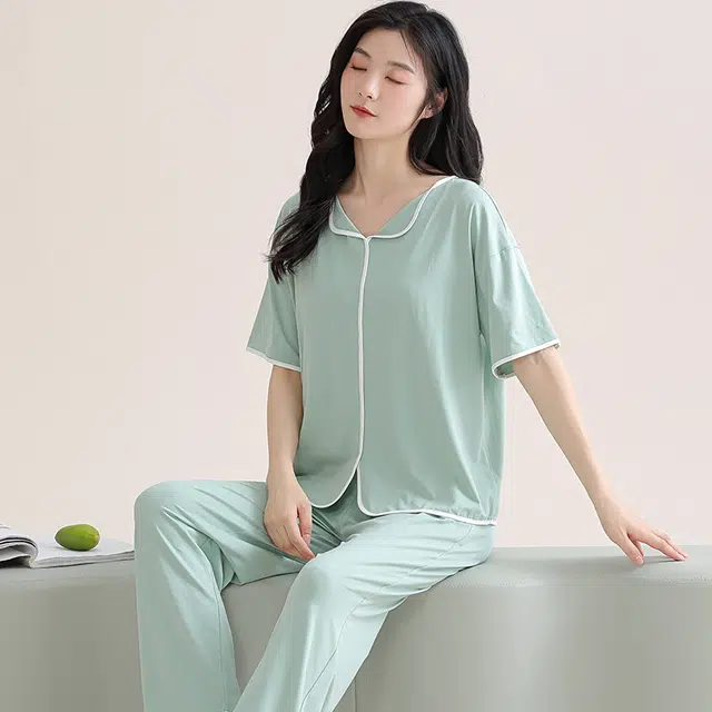 芬腾可安 家居服气质带胸垫休闲一体式短袖长裤甜美细腻舒适亲肤柔软大学生宿舍外出都可穿睡衣套装 女款