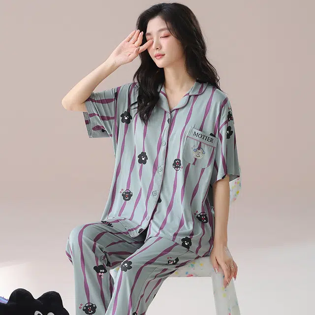 芬腾可安 气质家居服甜美带胸垫一体式短袖长裤大学生外出宿舍都可穿细腻舒适柔软亲肤睡衣套装 女款