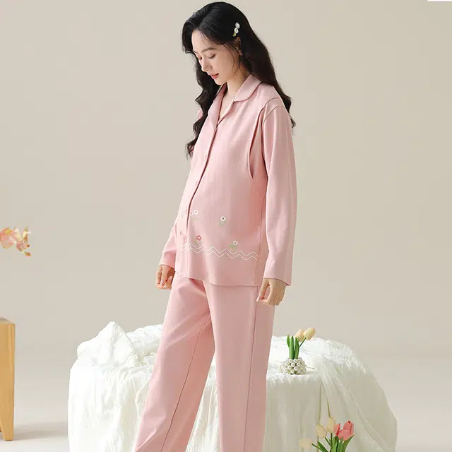 芬腾可安 纯棉外出可穿带胸垫孕期哺乳期都可穿的月子家居服优雅宽松显瘦可调节腰带长袖长裤春秋季睡衣套装 女款