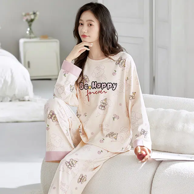 芬腾可安 春秋季简约纯棉设计感少女感显瘦遮肉舒适家居服睡衣套装 女款