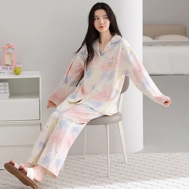 芬腾可安 纯棉简约显瘦宽松开衫春秋少女舒适时尚亲肤翻领休闲家居服睡衣套装 女款