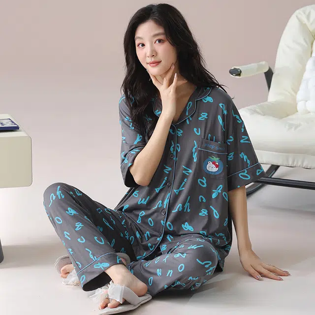 芬腾可安 气质家居服甜美带胸垫一体式短袖长裤细腻舒适柔软亲肤大学生外出宿舍都可穿睡衣套装 女款