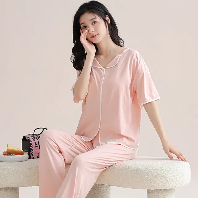 芬腾可安 细腻气质家居服带胸垫一体式短袖长裤甜美舒适柔软亲肤大学生宿舍外出都可穿睡衣套装 女款