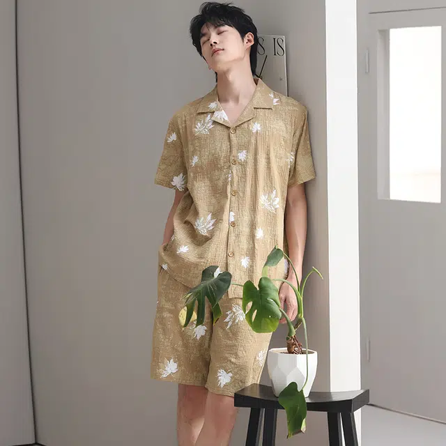 芬腾可安 情侣款亲肤韩版大学生轻盈休闲百搭显瘦舒适翻领轻便时尚带胸垫外出宿舍都可穿的家居服睡衣套装 男女同款