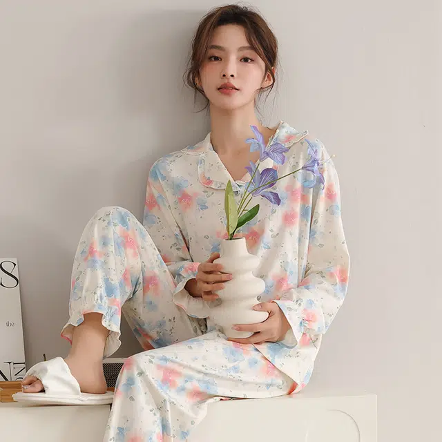 芬腾可安 春秋季轻柔休闲简约百搭翻领开衫时尚气质个性长袖长裤家居服女士睡衣套装 女款